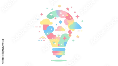 Colorful lightbulb illustration symbolizing bright ideas, creativity, and innovation through vibrant icons and abstract shapes.