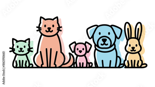 Group of colorful cartoon pets in a cheerful lineup featuring cats, dogs, and a rabbit.