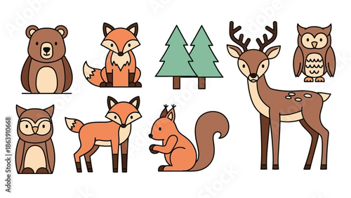 Whimsical woodland animals including bears foxes deer owls and squirrels among trees.