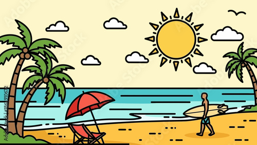 Sunny beach scene with palm trees, umbrella, and a lone walker along the shore.