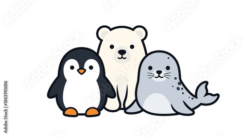Playful trio of cartoon penguin, seal, and bear cub on a clean white background.