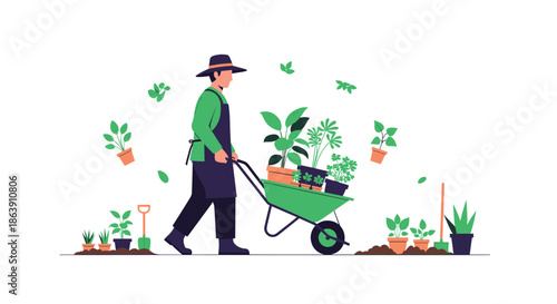 Gardener pushing a wheelbarrow full of potted plants through a garden with various herbs and tools in flat style.