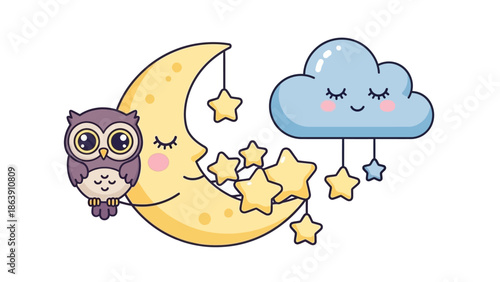 Cute Night Sky Scene with Moon Stars Cloud and Owl.