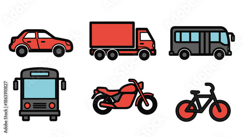 A diverse lineup of transport vehicles including cars trucks vans buses and motorcycles.