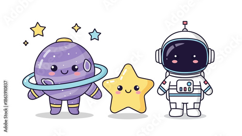 Cartoon Space Friends: A Cute Robot, Star, Alien, and Planet Exploring the Cosmos.