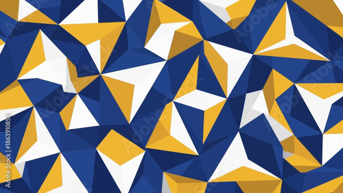 Abstract geometric tessellation of blue, yellow, and white triangles forming a bold, dynamic pattern for backgrounds.