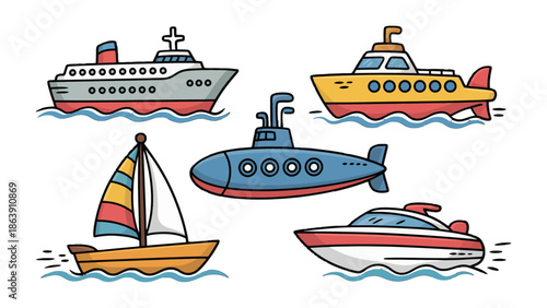 Nautical Collection: A vibrant cartoon illustration showcasing a diverse array of watercraft, each with unique design and purpose. From majestic cruise ships to nimble sailboats.