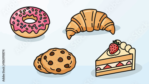 Assorted sweet pastries including donuts, croissant, cookies, and cake slice on pastel background.