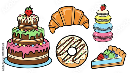 Colorful assortment of pastries and desserts including cake, croissant, donuts, and macarons.