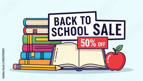 Colorful back to school sale illustration with books, apple and open notebook for educational promotion.
