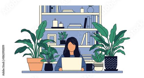 Young woman sitting at a desk and working on a laptop in a bright room filled with many large green indoor plants.