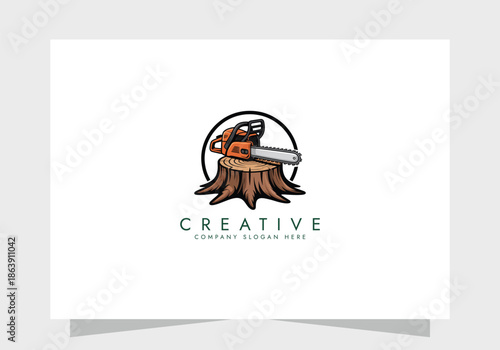 chainsaw logo tool vector illustration logo design, Concept of woodworking industrial, chainsaw repair and wood cutting service.