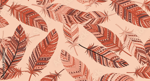 Bohemian style seamless pattern of colorful patterned feathers scattered on a light cream colored background.