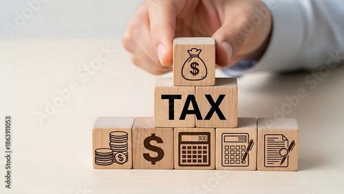 A person stacks wooden blocks with financial icons and the word TAX on a table in a professional setting from a close-up viewpoint.