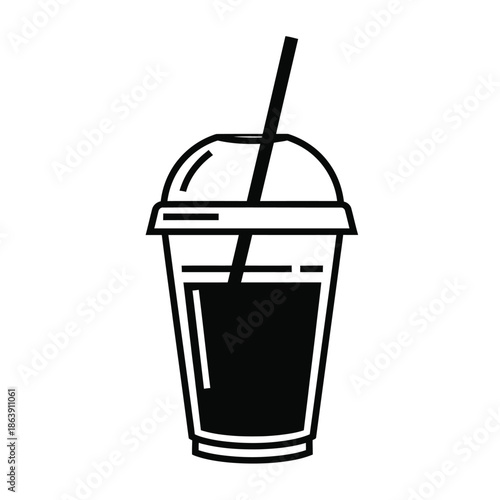 A simple black and white illustration depicts a plastic cup filled with a dark liquid featuring a black straw inserted