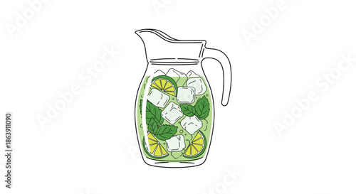 Refreshing pitcher of ice cold lemonade or mojito with lime slices, fresh mint leaves, and ice cubes placed inside.