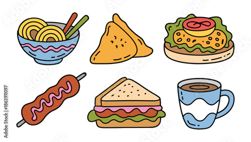 Culinary Delights: An array of appetizing dishes, from savory snacks to a rich beverage, artfully arranged to tantalize the taste buds and evoke a sense of culinary exploration. 