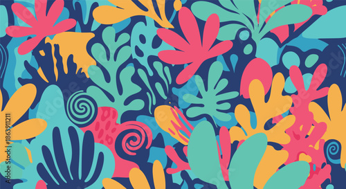 Vibrant abstract seamless pattern of organic seaweed shapes and coral-like elements in pink, teal, and orange colors.