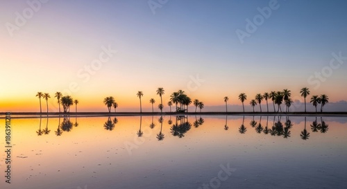 Palm trees reflected on water during a vibrant sunset.