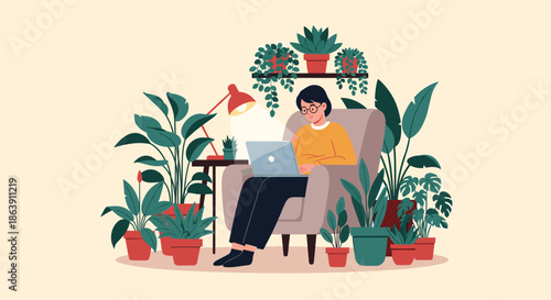 Young person using a laptop while sitting in a comfortable armchair surrounded by numerous lush green indoor plants.