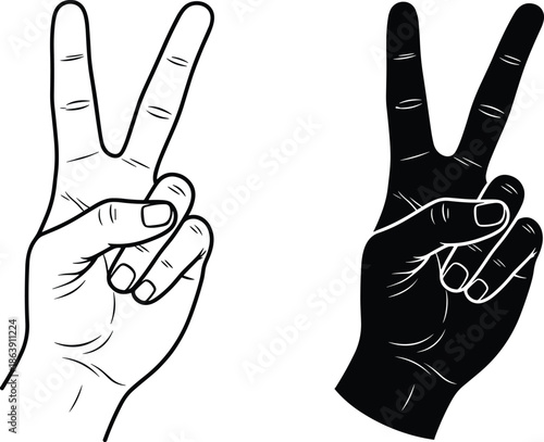 Peace hand gesture vector illustration with outline and silhouette styles isolated on white background