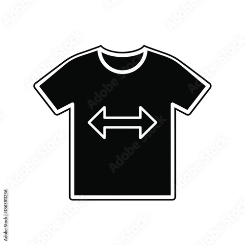A simple black t shirt graphic with a white outline features a central design of opposing arrows indicating size adjustment
