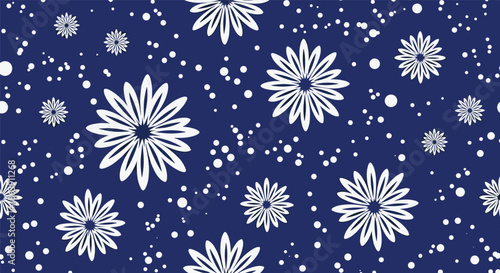 Seamless pattern featuring white daisy blossoms and scattered small dots on a deep navy blue nocturnal background.