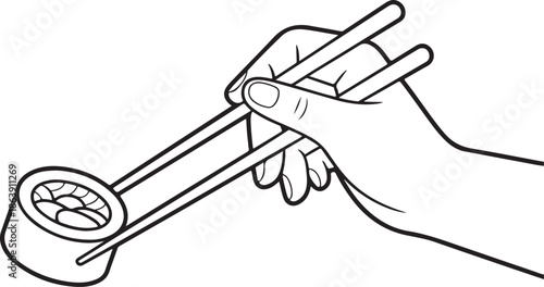 A black and white vector illustration representing dining with chopsticks, focusing on the action of picking up a single piece of food.