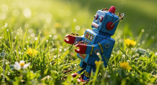 A vintage tin robot is explored by ants in the morning dew.