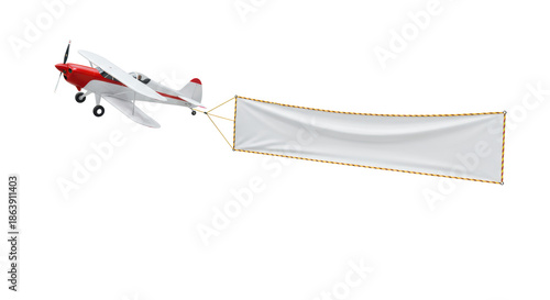 A vintage white and red taildragger aircraft pulling a long blank banner against an transparent background, high-angle view. Aerial advertising mockup concept