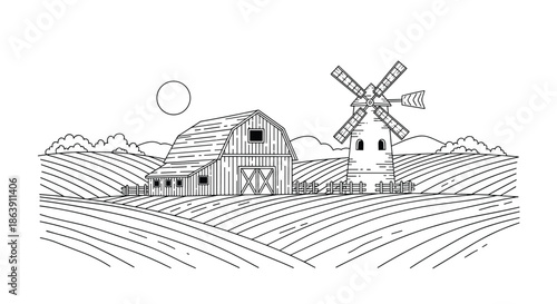 Detailed black and white sketch of a rural farm landscape with a large barn, a traditional windmill, and rolling fields.
