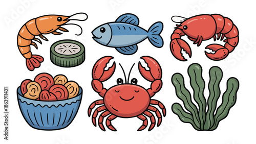 Delicious Seafood Delight: A vibrant illustration showcases a culinary ensemble of seafood, from succulent shrimp, fish, crab, lobster to seaweed. a delicious feast.
