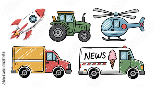 Vehicular Wonders: An eclectic ensemble of transport vehicles, from a rocket to a news van, all designed for seamless travel and conveyance. The images depict the beauty of mobility 