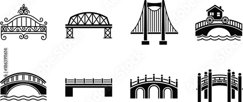 Bridge and Architecture Silhouette Icons Set with Historic, Modern, Suspension, Arch, Wooden, and River Crossings Vector