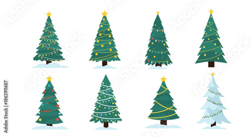 Collection of various decorated Christmas trees with yellow stars, colorful ornaments, and snow on white background.