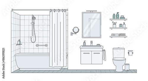 Clean line art illustration of a modern bathroom featuring a bathtub, shower, sink, toilet, mirror, and shelves.