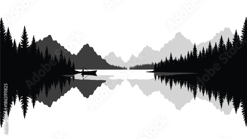 Minimalist black and white landscape silhouette featuring a lone boat rowing across a calm lake reflection