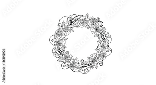 Delicate circular floral wreath made of finely detailed hand drawn roses and leaves in black line art on white.