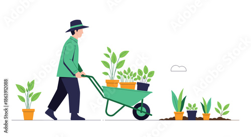 Illustration of a professional gardener in a green shirt and hat pushing a wheelbarrow filled with potted plants.