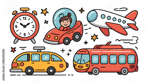 Playtime Transportation: A vibrant illustration showcasing various forms of transportation, including a clock, car, airplane, bus, and tram, offering a playful and educational experience for children