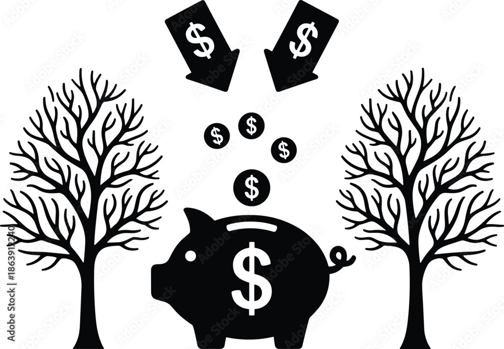 Obraz premium Piggy bank savings concept vector illustration with money growth arrows trees and financial investment symbolism