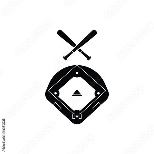 a simple black and white illustration depicts crossed baseball bats above a baseball diamond with a home plate