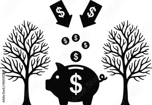 Piggy bank savings concept vector illustration with money growth arrows trees and financial investment symbolism