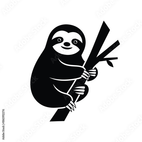 A charming black and white illustration depicts a smiling sloth peacefully clinging to a simple tree branch showcasing its gentle