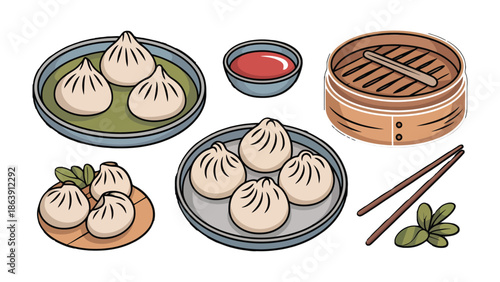Delectable Dumplings Delight: An enticing array of freshly steamed dumplings awaits, served alongside a savory dipping sauce and traditional chopsticks, a culinary delight.