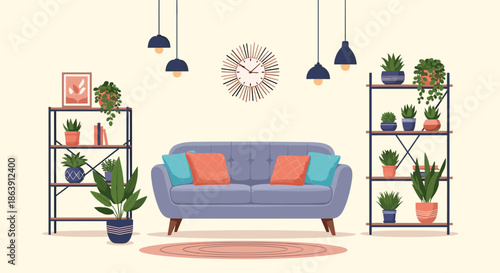 Modern living room interior design illustration featuring a blue sofa, indoor plants, and a sunburst wall clock.