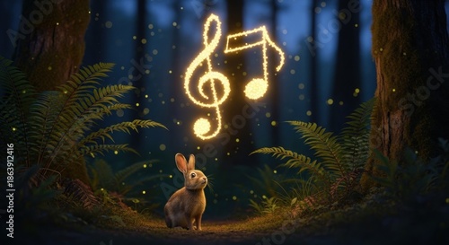 A rabbit looks up at glowing music notes in a magical forest.