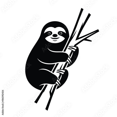a charming black and white illustration depicts a sloth clinging to a bamboo stalk showcasing its peaceful nature