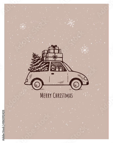Christmas car carrying Christmas trees and gifts vector sketch