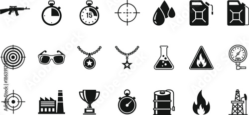 Industrial and hazard icons vector set with weapons fuel fire targets laboratory and warning symbols